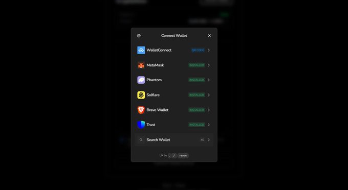 A 'Connect Wallet' interface menu listing cryptocurrency wallet options including WalletConnect, MetaMask, Phantom, Solflare, Brave Wallet, and Trust, with most marked as 'INSTALLED'.