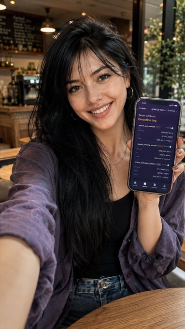 A smiling young woman with long dark hair takes a selfie in a cafe while holding up a smartphone displaying a cryptocurrency smart contract execution log.