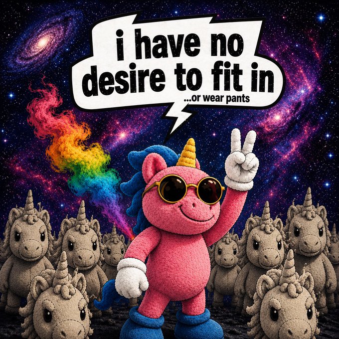 A pink unicorn plush character wearing sunglasses flashes a peace sign amid a crowd of stone-textured unicorns in space, with a speech bubble reading 'i have no desire to fit in ...or wear pants'.