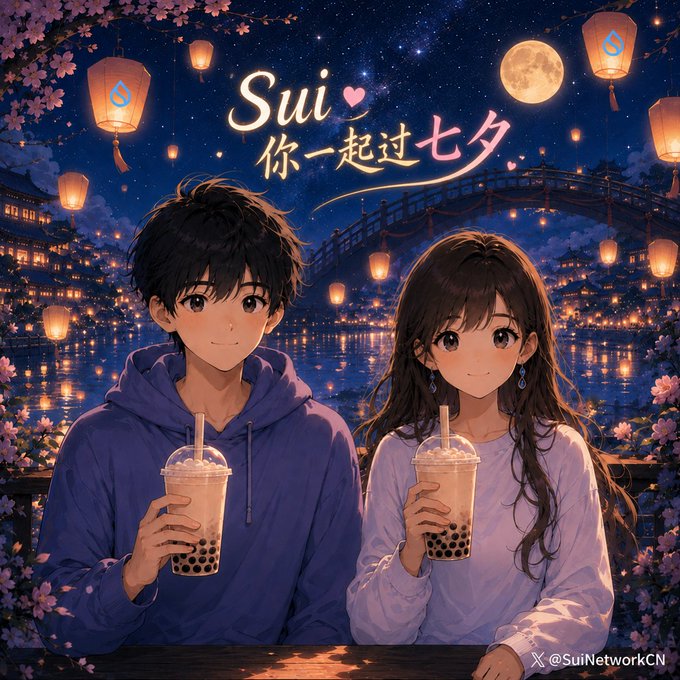 An anime-style promotional artwork for the Sui cryptocurrency, featuring a couple drinking bubble tea under floating lanterns with the text 'Sui 你一起过七夕' and the handle '@SuiNetworkCN'.