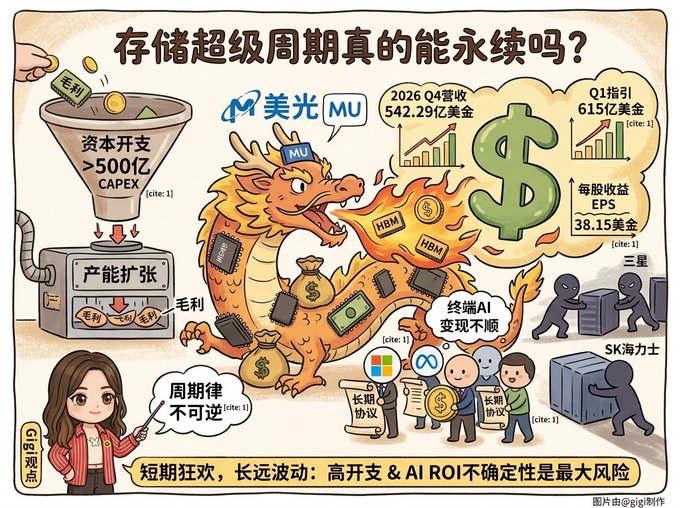 A Chinese-language illustrated infographic titled "存储超级周期真的能永续吗？" featuring a golden dragon representing Micron (MU) and discussing memory storage cycles, AI demand, and SK Hynix.
