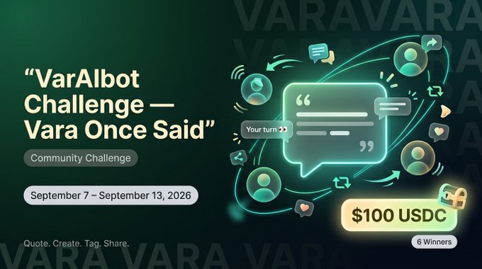 A promotional banner for the 'VarAIbot Challenge — Vara Once Said' Community Challenge running September 7 – September 13, 2026, with a prize pool of $100 USDC for 6 winners.