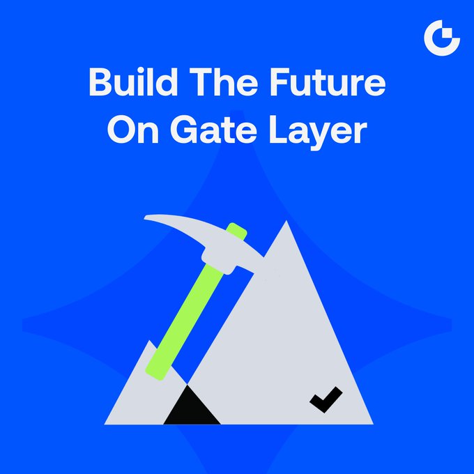 A blue promotional graphic with a 'G' logo in the top right corner, featuring an illustration of a pickaxe and mountain with the text 'Build The Future On Gate Layer'.