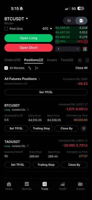A cryptocurrency trading app screenshot showing BTCUSDT and TAOUSDT positions with market prices around 84,498.00 and 289.84, displaying unrealized P&L losses.