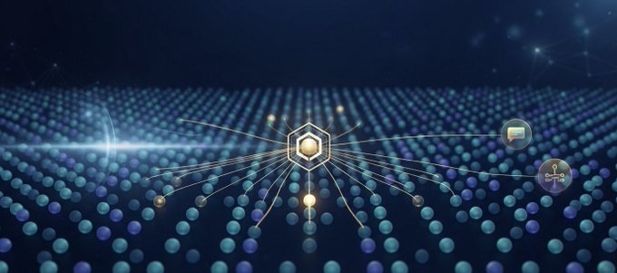 Abstract digital graphic featuring a glowing hexagonal node connected to multiple satellite nodes via illuminated lines against a dark blue bokeh background, suggesting a blockchain or network technology theme.