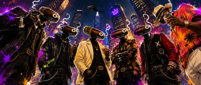 A vibrant, stylized digital artwork featuring five figures in streetwear with security camera heads smoking cigarettes, set against a neon-lit cityscape at night.