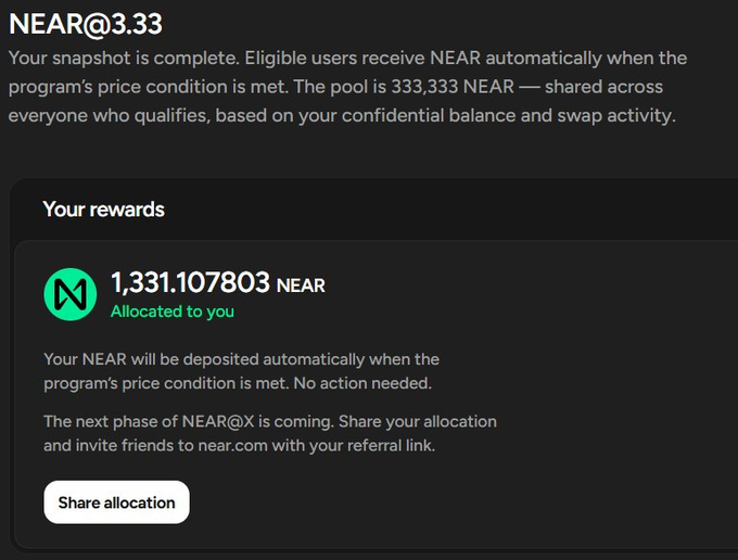 A cryptocurrency rewards screen titled 'NEAR@3.33' shows an allocated reward of 1,331.107803 NEAR to the user, with a 'Share allocation' button at the bottom.