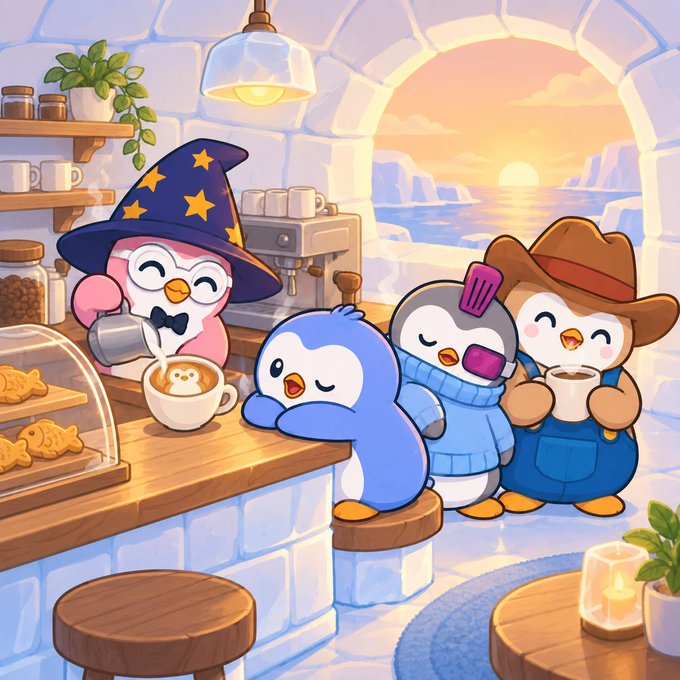 An illustration depicts a charming cafe scene where a penguin wearing a wizard hat serves a latte with animal art to two other penguins, with a sunset visible through an archway in the background.