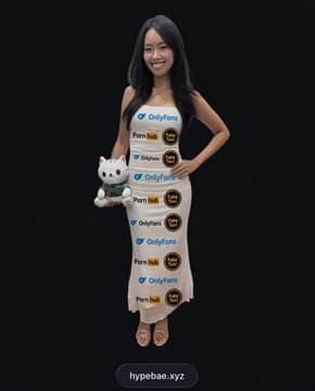 An Asian woman in a beige dress stands against a black background holding a Hello Kitty plush and wearing multiple OnlyFans promotional badges on her dress, with 'hypebae.xyz' visible at the bottom.