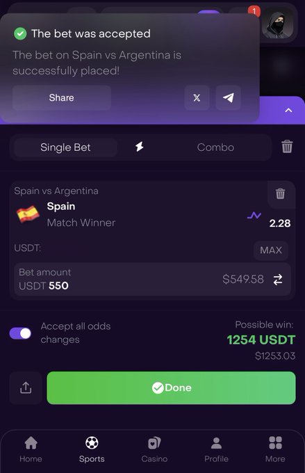 A sports betting app showing a successful $550 USDT bet on Spain to win against Argentina with odds of 2.28 and a possible win of 1254 USDT.