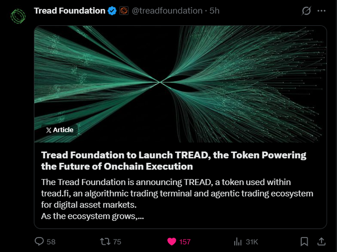 A tweet from @treadfoundation announcing the launch of $TREAD, the token powering tread.fi, an algorithmic and agentic trading terminal for digital assets, with the caption noting that over half of the token's supply will go toward community growth and Season 1.5, while the user shares they generated roughly $4M in boosted volume between March and April before going inactive. The announcement image highlights TREAD's role as the fuel for onchain execution within the platform's trading ecosystem.