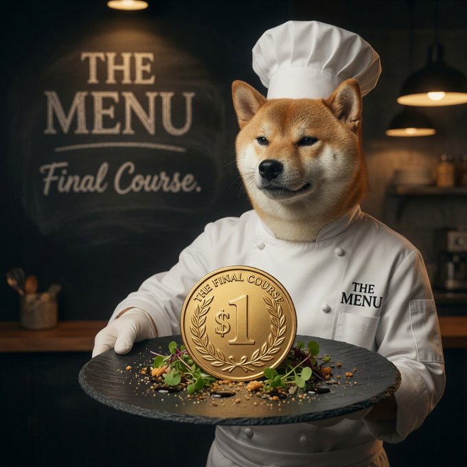 A Shiba Inu dressed as a chef holds a plate featuring a large "$1" coin labeled "THE FINAL COURSE," with "THE MENU Final Course" displayed on the chalkboard behind. The image playfully visualizes the post's message of $DOGE reaching $1 as a "final course" crypto milestone.