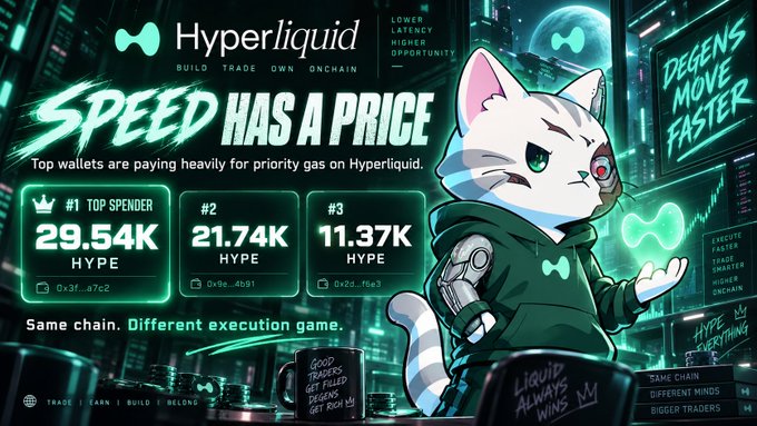 A promotional graphic for 'Hyperliquid' featuring an anime-style cat in a green hoodie, with text reading 'SPEED HAS A PRICE', 'DEGENS MOVE FASTER', and a leaderboard of top HYPE spenders.