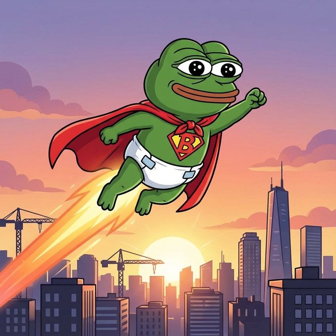 The image features a cartoon frog wearing a diaper and a red cape with "B" written on it, flying through the sky above a city skyline. The cityscape includes tall buildings of various sizes, suggesting an urban setting. Below the city, there is a construction site where cranes are visible, indicating ongoing development in the area. The image also contains text that reads: "Just locked 3,569,062 $BEPE tokens with @Streamflow_Fi It' s on-chain. You can check the amount, time-period and recipients. Check it out app.streamflow.finance/contract/solan". This text is located at the bottom of the image, providing additional information about the cartoon frog's situation in relation to the post.