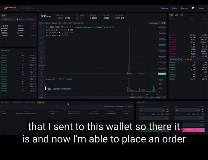 The image shows a Binance cryptocurrency exchange interface displaying the NNB/BTC trading pair with a last price of $13.52, showing recent price activity and order books. The caption overlay reads "that I sent to this wallet so there it is and now I'm able to place an order," suggesting the user is demonstrating wallet funding and trading capability on Binance, likely as part of promoting the NNB token and its connection to the BNB Chain ecosystem mentioned in the post.