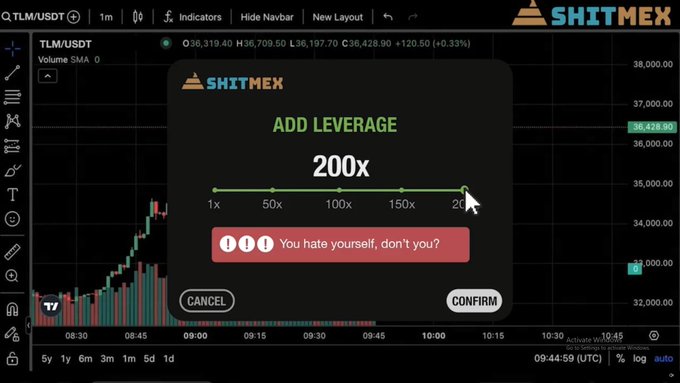 A screenshot of a cryptocurrency trading platform called 'SHITMEX' displaying a TLM/USDT chart, with a dialog box to 'ADD LEVERAGE' set at 200x and a warning message reading 'You hate yourself, don't you?'