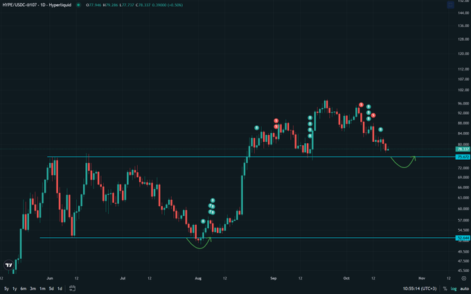 A candlestick chart on TradingView showing Hyperliquid (HYPE/USDC) on the 1-day timeframe, currently priced at $77.737, with visible technical indicators and horizontal support/resistance lines across a June to November date range.