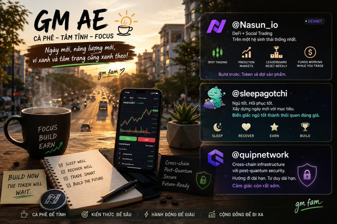 A stylized 'GM AE' morning motivational graphic featuring Vietnamese text about coffee and focus, alongside crypto project highlights for @Nasun_io, @sleepagotchi, and @quipnetwork.