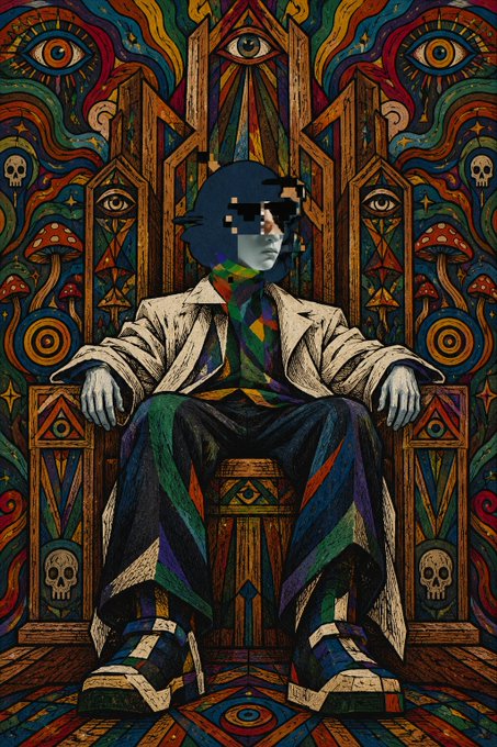 A surreal, pixel-art style illustration depicts a blue-skinned figure with sunglasses seated on an ornate, patterned throne surrounded by mystical eyes, mushrooms, and skulls.