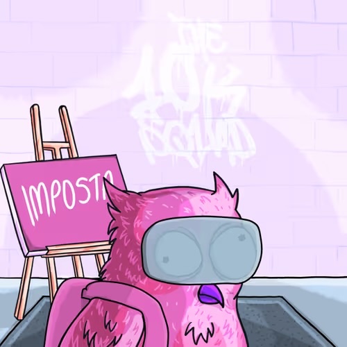 A cartoon image of a pink furry Among Us character wearing large goggles, with 'IMPOST' written on a chalkboard easel and 'OH BOY SOMEONE ISMAUD' graffiti in the background.
