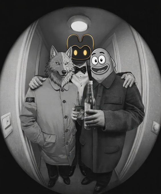 Three anthropomorphic figures—a wolf, a faceless mouse-like character with glowing yellow eyes and a bow tie, and a cheerful dog—stand arm-in-arm in a dim hallway, with the dog holding up a bottle and glass in a celebratory toast. The eerie, distorted fisheye perspective and the ominous mouse figure in the center playfully capture the meme's caption about "the last thing you see before generational wealth," humorously suggesting something unsettling awaits despite the festive pose.