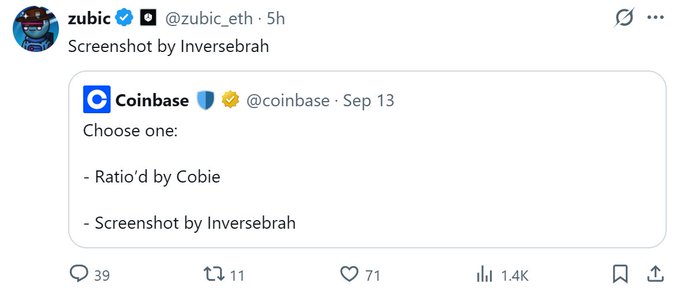 A tweet from @zubic_eth showing a fake "choose one" poll from @coinbase with the two options being "Ratio'd by Cobie" and "Screenshot by Inverse Brah," referencing recent viral mockery of Coinbase by crypto commentators. The joke post, captioned "Wow," highlights how Coinbase has become a punchline in crypto Twitter after being ratio'd by Cobie and screenshotted by Inverse Brah.