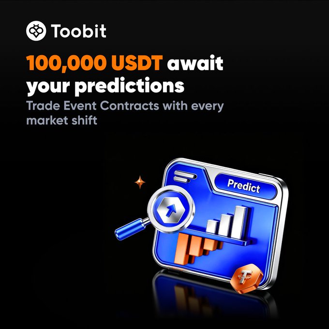A promotional banner for Toobit advertising a "100,000 USDT await your predictions" Event Contracts trading event, featuring a 3D illustration of a magnifier examining a chart and a "Predict" button. The image visually reinforces the post's call to action for trading BTC, ETH, SOL, and XRP Event Contracts, with the reward amount and prediction concept directly tying into the accompanying text and link.
