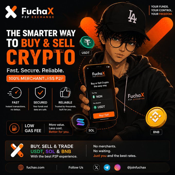 The image is a promotional graphic for FuchaX P2P Exchange, featuring a young man in a black cap holding a smartphone displaying the app, alongside text highlighting "THE SMARTER WAY TO BUY & SELL CRYPTO" with claims of being "Fast. Secure. Reliable." and "100% MERCHANTLESS P2P" for trading USDT, SOL, and BNB.

The graphic visually reinforces the post's message about solving common P2P frustrations by emphasizing key selling points like "No merchants. No waiting. Just you and the best rates," directly addressing the waiting, scam concerns, and slow transactions mentioned in the accompanying text.