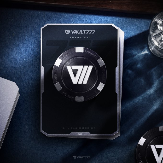 A premium "VAULT777 FOUNDERS PASS" card featuring a 3D embossed "VII" poker chip design rests on a dark blue fabric surface, accompanied by "PLAY RESPONSIBLY" and "18+" disclaimers, reinforcing the urgency of the limited-time Founders Pass offer with its "777" branding as the final opportunity to claim membership.