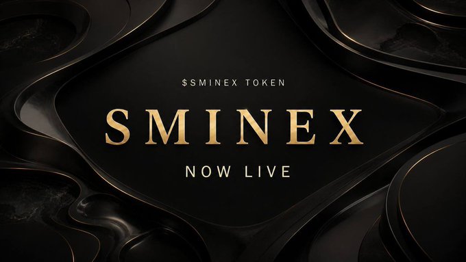 The image announces “$SMINEX TOKEN — SMINEX — NOW LIVE” in gold and white lettering over a sleek black-and-gold background. It visually supports the post’s message that $SMINEX has officially launched as part of the Sminex ecosystem.