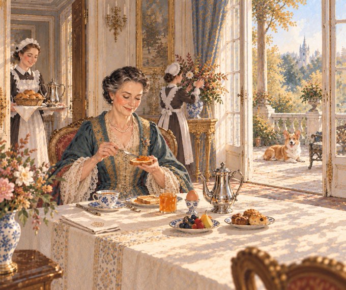 A classical-style illustration depicts an elegantly dressed elderly woman enjoying tea at a table while maids serve her, with a corgi resting on a sunlit terrace in the background.