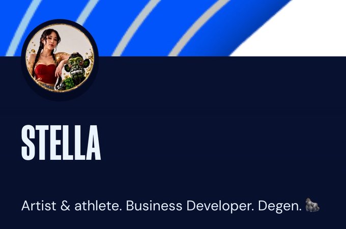 A dark blue profile slide for “STELLA” reads “Artist & athlete. Business Developer. Degen. 🐴,” with a circular portrait at the upper left.