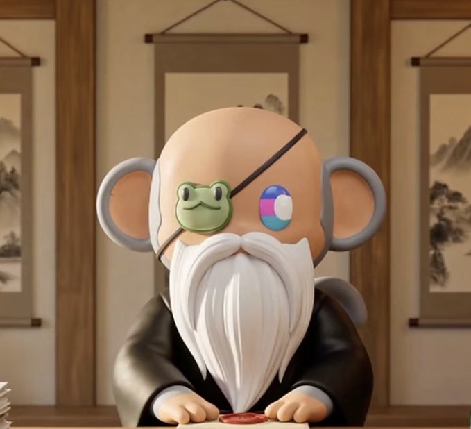 A 3D render of a bald elderly character with monkey ears, a white beard, an eyepatch featuring the Sui logo, and a small frog resting on the eye patch.