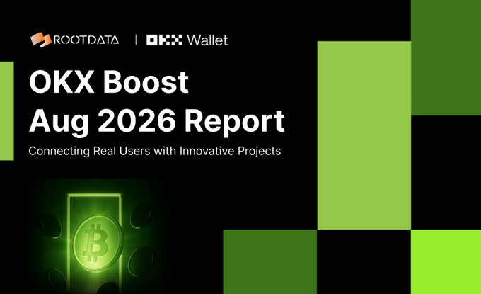 The image is a promotional banner for the "OKX Boost Aug 2026 Report," co-branded by RootData and OKX Wallet, featuring a green color scheme with Bitcoin imagery and the tagline "Connecting Real Users with Innovative Projects." It visually introduces the report highlighted in the post, which details OKX Boost's August 2026 performance, including over $2M in distributed incentives, an all-time high in X Layer RWA daily active addresses, and the launch of the new "X Liquidity" mode.