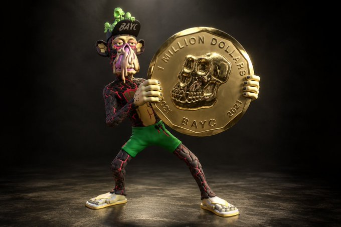 A 3D rendering of a Bored Ape Yacht Club (BAYC) NFT character wearing a top hat and green shorts, holding a giant gold coin inscribed with a skull and '1 MILLION DOLLARS BAYC 2021'.