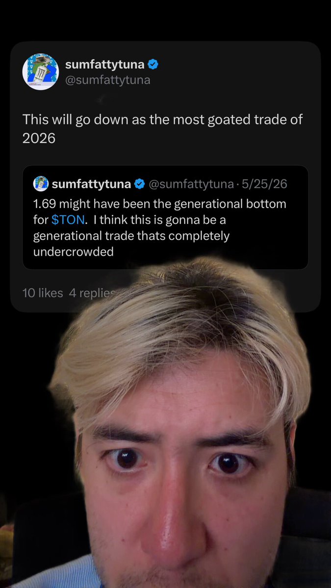 The image features a man with blonde hair wearing a blue shirt who appears to be making a funny face or expression, possibly due to being called out by someone else's Twitter account. The caption of the post reads "Why I'm extremely bullish $TON and think it's a sleeping giant given the state of the crypto market". This suggests that the man is excited about the potential growth of cryptocurrency and wants others to share his enthusiasm for this digital currency.