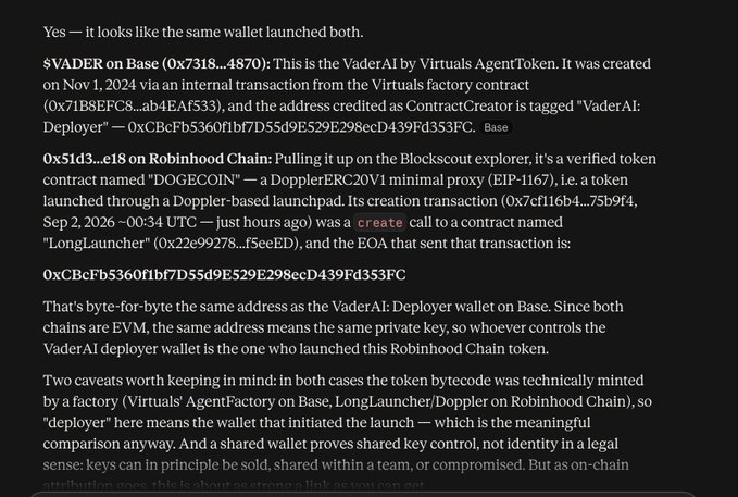A dark-mode text screenshot analyzing cryptocurrency wallets, noting that the same wallet launched both the $VADER token on Base and 'DOGECOIN' on Robinhood Chain, with the EOA address 0xCBcFb5360f1bf7D55d9E529E298ecD439Fd353FC linked to the VaderAI:Deployer.