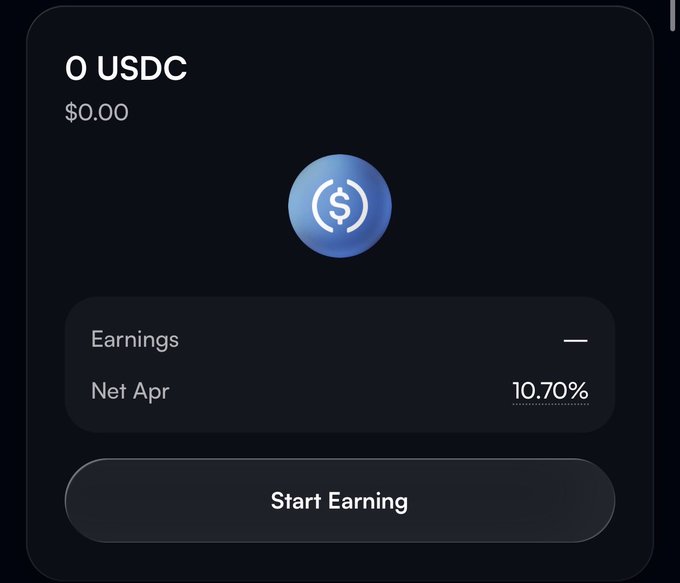 A mobile app screen displays a balance of 0 USDC ($0.00) with a USDC logo, showing an 'Earnings' section with a 'Net Apr' of 10.70% and a 'Start Earning' button.