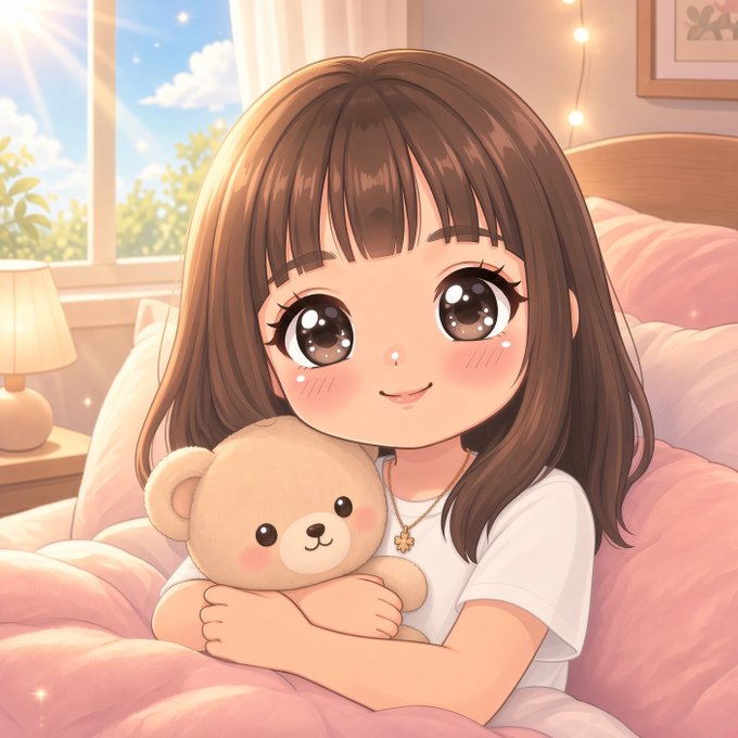 An anime-style illustration of a cheerful girl with brown hair hugging a teddy bear in a cozy pink bedroom. The cute, hopeful scene complements the post's excited message about wishing for a big Saturday payout and sharing good luck with others.