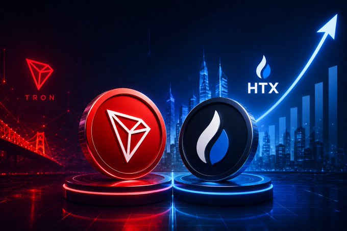 Futuristic digital artwork showing the TRON (red) and HTX (blue) cryptocurrency logos as coins with an upward arrow, set against a city skyline backdrop.