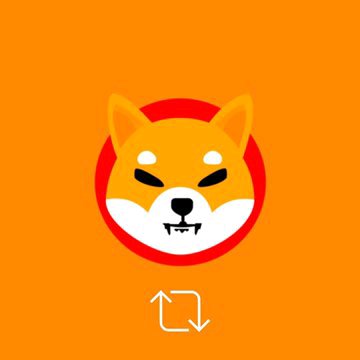 A minimalist digital icon depicting an orange and white Shiba Inu dog face inside a red circle on a solid orange background, with a small white circular arrow symbol below it.