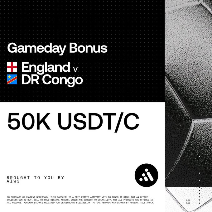 This image advertises a "Gameday Bonus" for the England v DR Congo match, with "$50K USDT/C" up for grabs, brought to you by AIW3. The accompanying post provides context, mentioning Harry Kane and a free-to-play game with deposit-free bonuses.