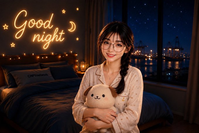 An illustration of a smiling young woman with glasses holding a plush dog toy in a bedroom at night, with a neon "Good night" sign, a "CIPYnetwork" pillow, and a starry sky/city harbor view through the window.