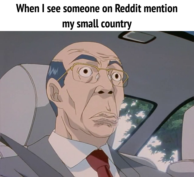 Meme featuring a shocked-looking anime character in a car with the caption 'When I see someone on Reddit mention my small country'.