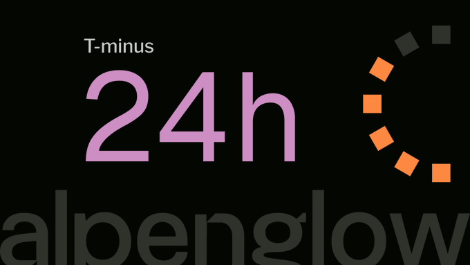 A black graphic shows “T-minus 24h” above the oversized word “albergow,” with an orange dotted circular accent on the right.