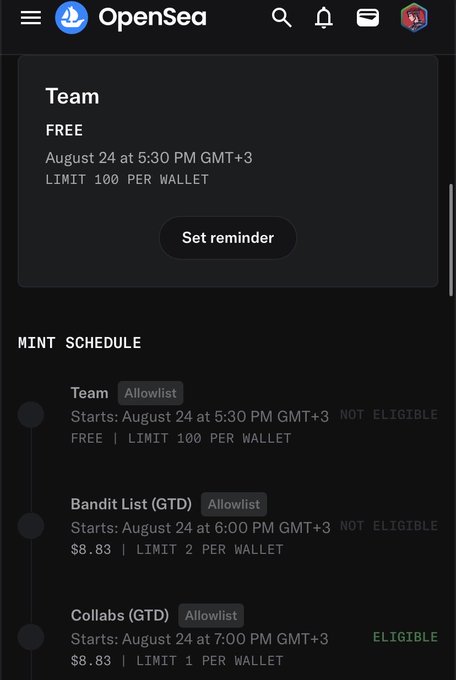 OpenSea NFT minting page for 'Team' collection showing a free mint on August 24 at 5:30 PM GMT+3 with a limit of 100 per wallet, alongside a mint schedule featuring Team (NOT ELIGIBLE), Bandit List (NOT ELIGIBLE at $8.83), and Collabs (ELIGIBLE at $8.83).