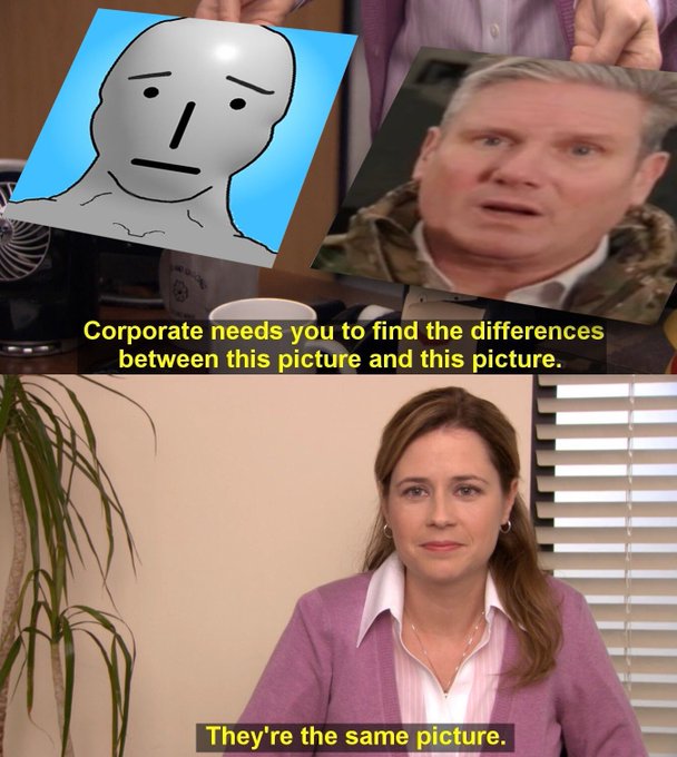 The image shows a collage of three different pictures, with one being a cartoon face, another depicting a man's head wearing a camo jacket, and the third showing an office setting with a woman sitting at her desk. The caption below the images reads "gm".