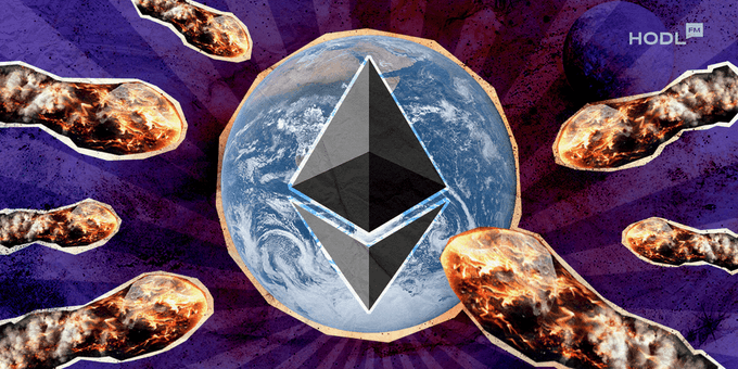 A stylized graphic showing the Earth surrounded by burning meteors against a purple background, with the Ethereum logo prominently displayed in the center.