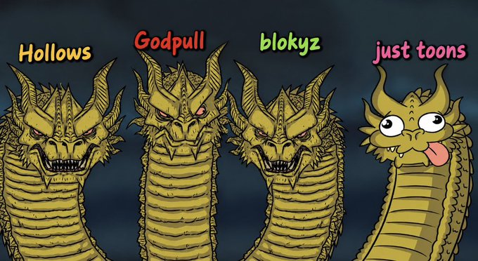 Four variations of a golden dragon character are displayed in a row with labels: 'Hollows', 'Godpull', 'blokyz', and 'just toons', each showing slightly different art styles.