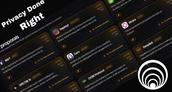 A dark-themed webpage interface titled 'Privacy Done Right', displaying various DAO proposals from 'REKT', 'Deploy', 'Guru', 'Alvara', 'DeepBot', 'SPECTRE AI', and 'OOKE Protocol', with a circular logo in the bottom right.